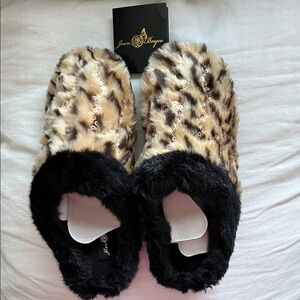 Joan Boyce Black and Tan Faux Fur Slippers with Sequins NWT
